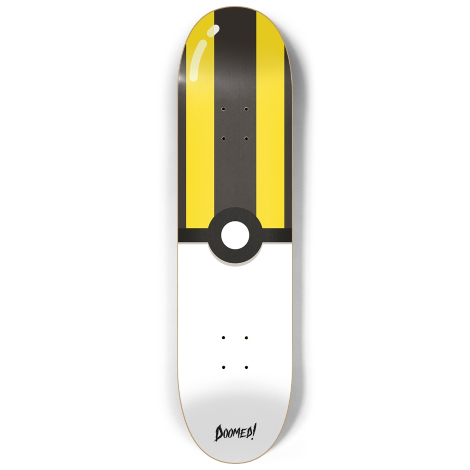 Red and black with black and yellow stripes and white circle