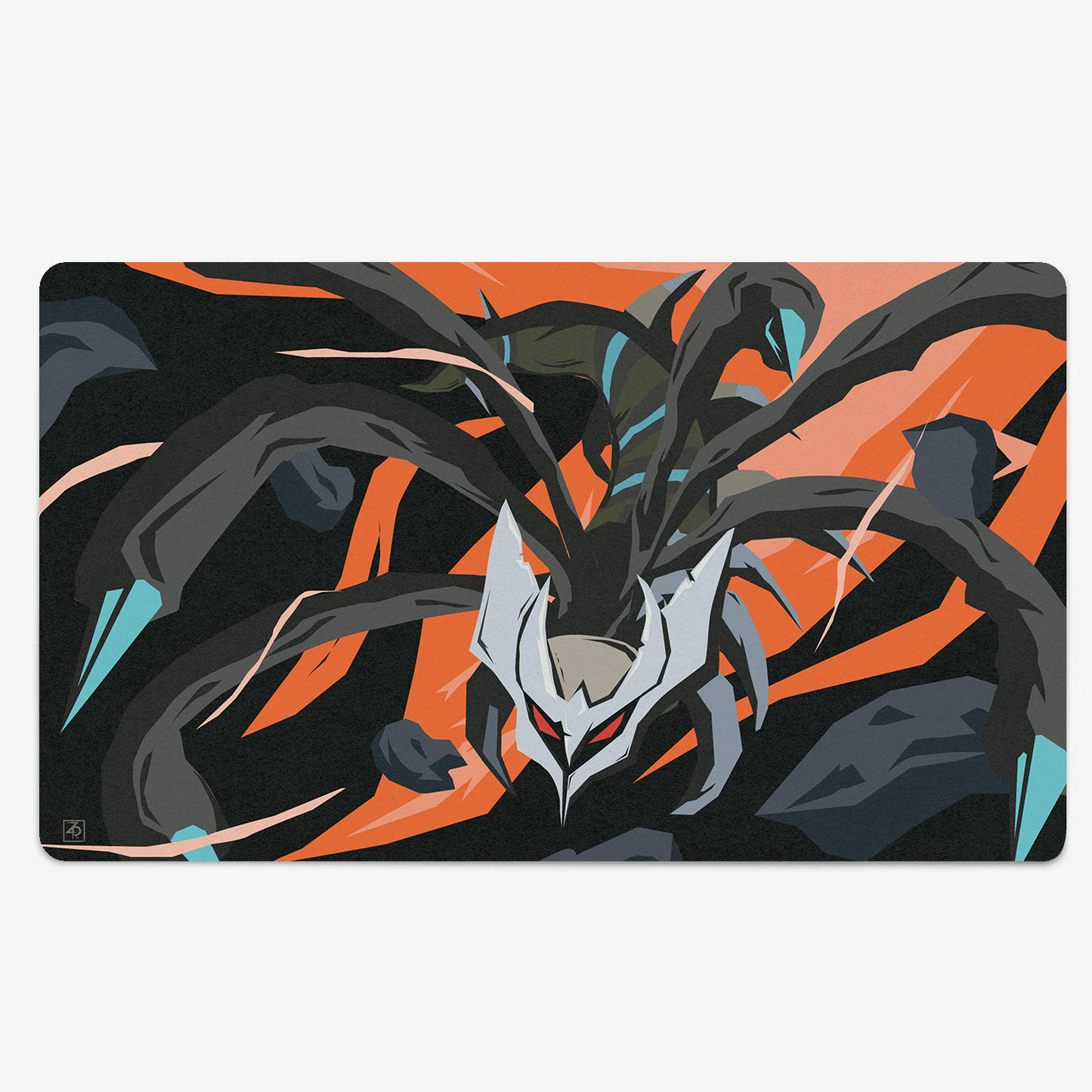 A rectangular gaming playmat featuring a stylized illustration of a dark spider-like monster with black and gray body parts, orange accents, and a white face, set against a black and orange background.