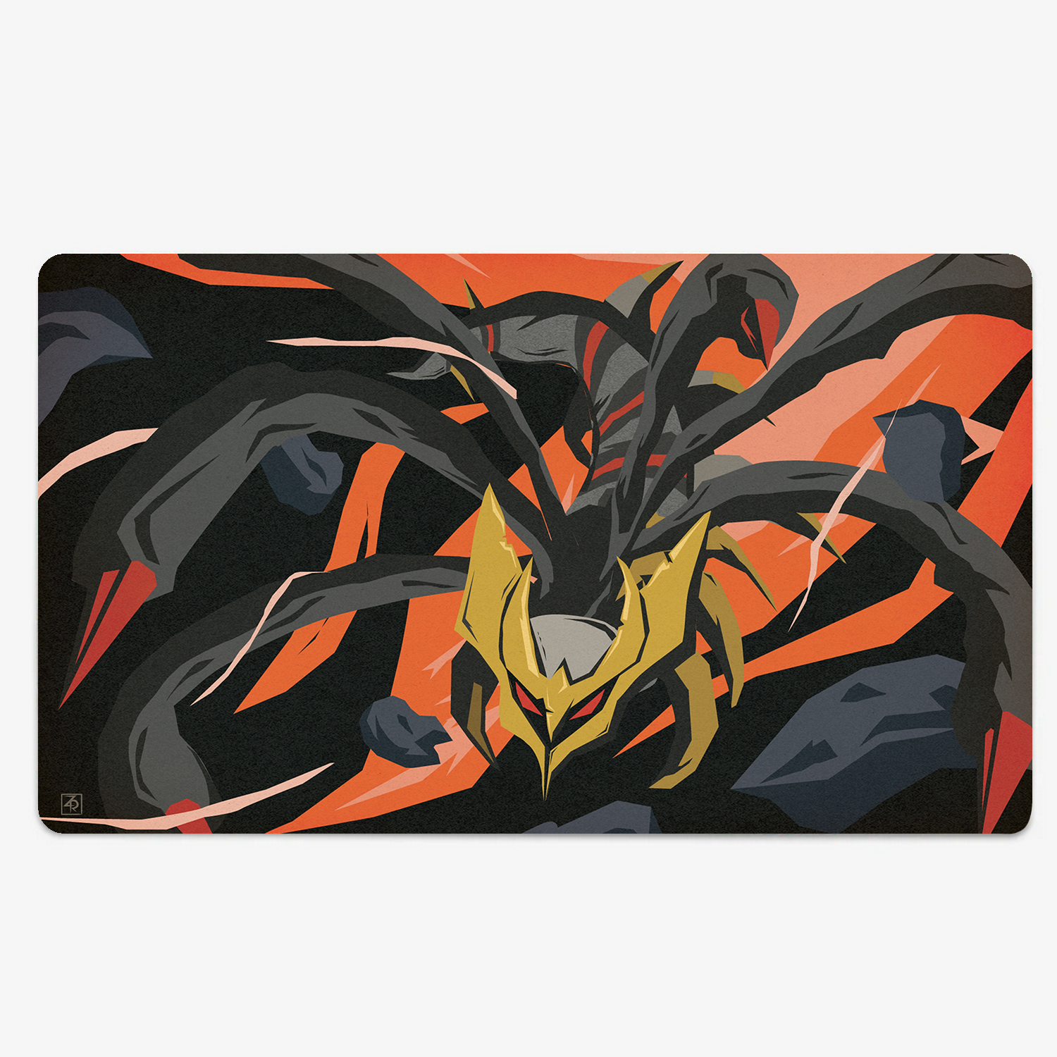 A rectangular gaming playmat featuring a stylized illustration of a black spider-like monster with a gold chest plate and red eyes, set against a background of orange and black abstract streaks.