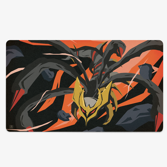 A rectangular gaming playmat featuring a stylized illustration of a black spider-like monster with a gold chest plate and red eyes, set against a background of orange and black abstract streaks.